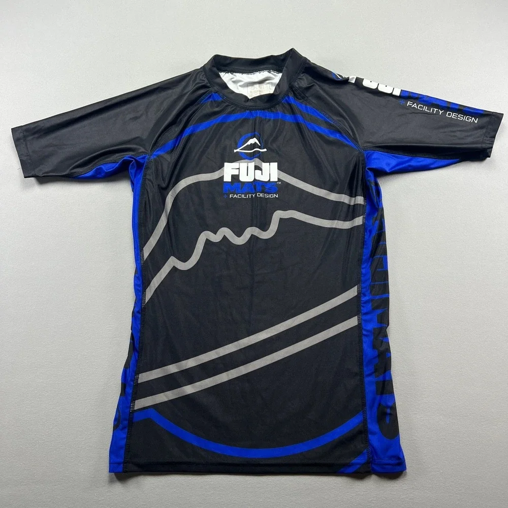 Fuji Sports Rashguard Men Medium Black Blue Facility Design Stretch Short Sleeve